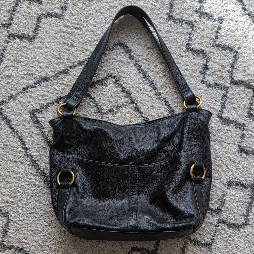 Fossil Sam Shopper Black Leather Shoulder Bag with Gold Accents